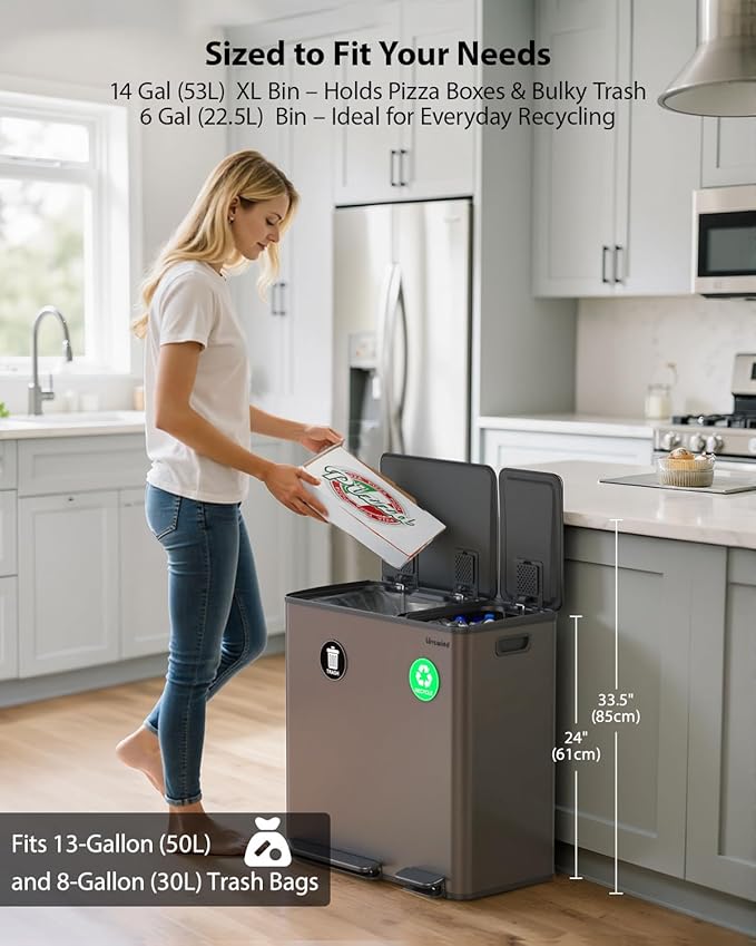Lovewind Dual Trash Can, 14 + 6 Gallon Garbage Can for Kitchen Dual Compartment Recycling Kitchen Step Trash Bin, Stainless Steel Trash and Recycle Bin Combo with Soft-Close Lid, Brown