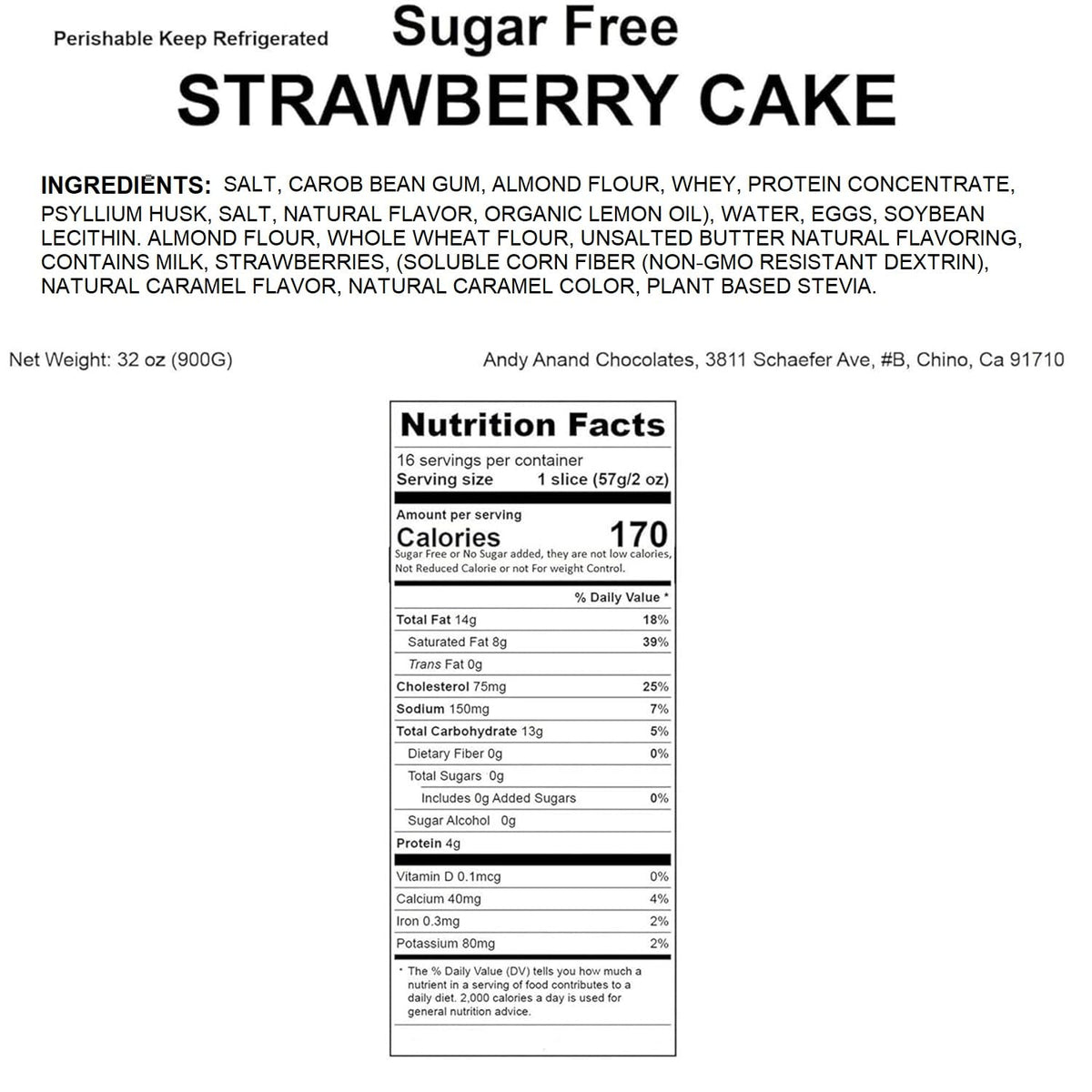Andy Anand Sugar-Free Strawberry Cake 2 lbs - Gourmet, Freshly Made, All-Natural Ingredients, No Preservatives, Diabetic-Friendly Gift Boxed Dessert
