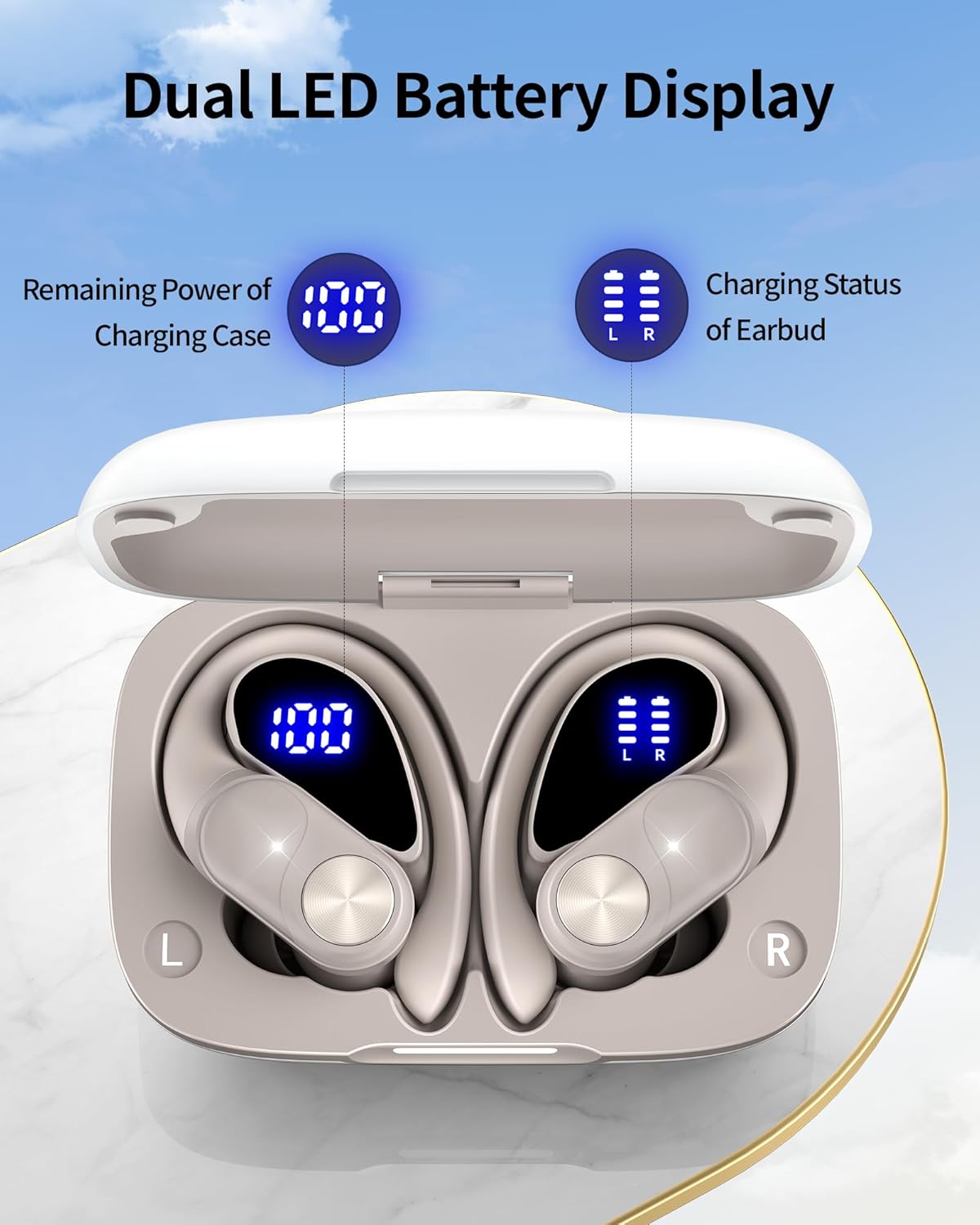 PocBuds Bluetooth Headphones Wireless Earbuds 80hrs Playtime Wireless Charging Case Digital Display Sport Ear Buds with Earhook Deep Bass IPX7 Waterproof Over-Ear Earphones for Phone Laptop Beige