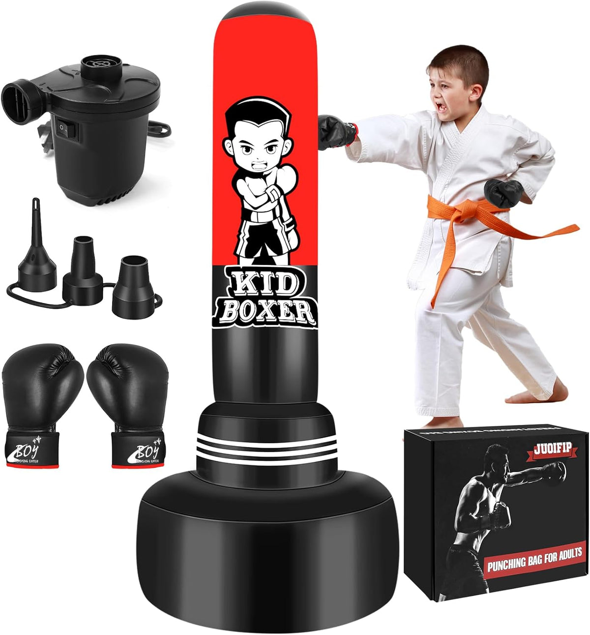 Punching Bag for Kids Set 65" Large Three-Tier Design Stable, Inflatable Boxing Bag Set Toy with Boxing Gloves and Electric Air Pump, Kid Standing Bag for Boys Girls Age 3-15 Training Karate..