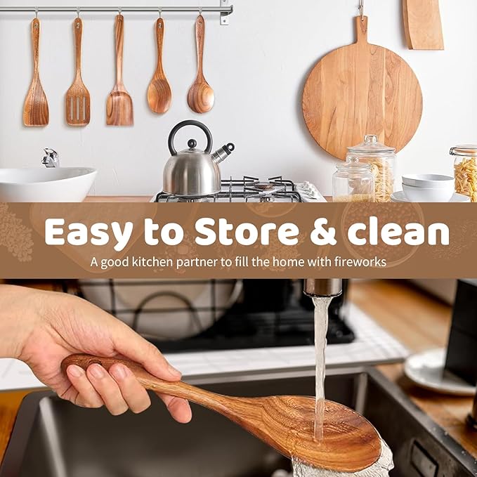 5 PCs Teak Wooden Utensil Set with Hooks, Wooden Spoons for Cooking, Wood Cooking Utensils Set, Comfort Grip, Non Stick Cookware, Easy to Clean, Kitchen Stuff, Wood Spatula