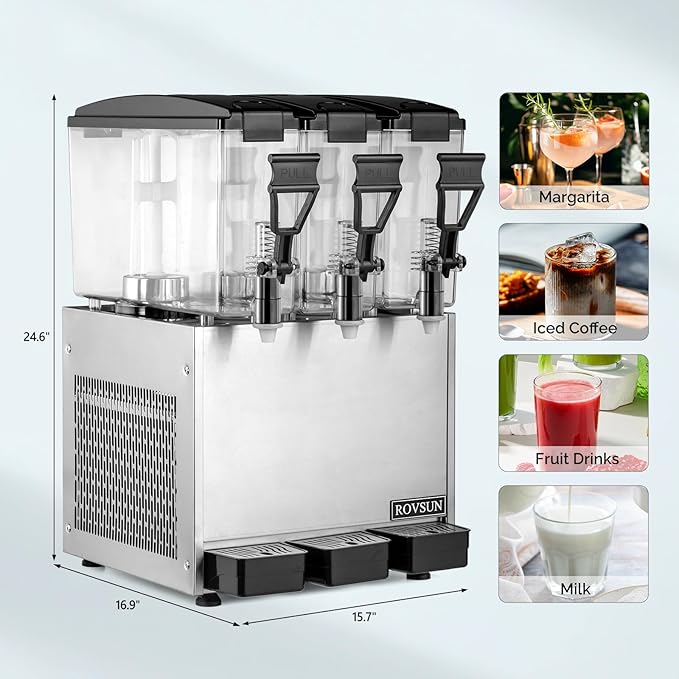 ROVSUN Commercial Beverage Dispenser 7.8 Gal/30L, Commercial Juice Dispenser Cold Drink Dispenser 10L X 3 Tanks Stainless Steel with Thermostat Controller for Home Restaurant Bar Party 110V/60HZ