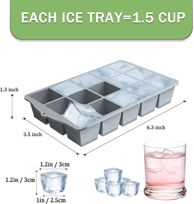Ice Cube Trays for Freezer, 2 Pack Easy Release Slicone Ice Cube Tray with Lid, BPA Free Stackable Flexible Ice Molds 15 Square Reusable Ice Cubes for Whiskey, Baby Food, Iced Coffee (Grey)