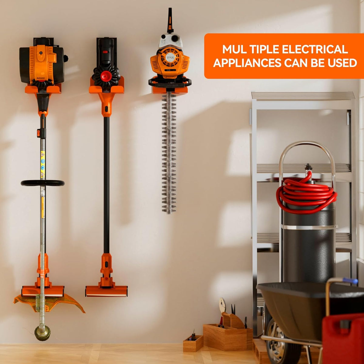Garage Organizer Trimmer Rack, Garden Power Tool Hanger Weed Whackers Holder Wall Mounted for Grass Trimmer, Hedge Trimmer, Garage Trimmer, Garden Tools,3 Pack(Orange)