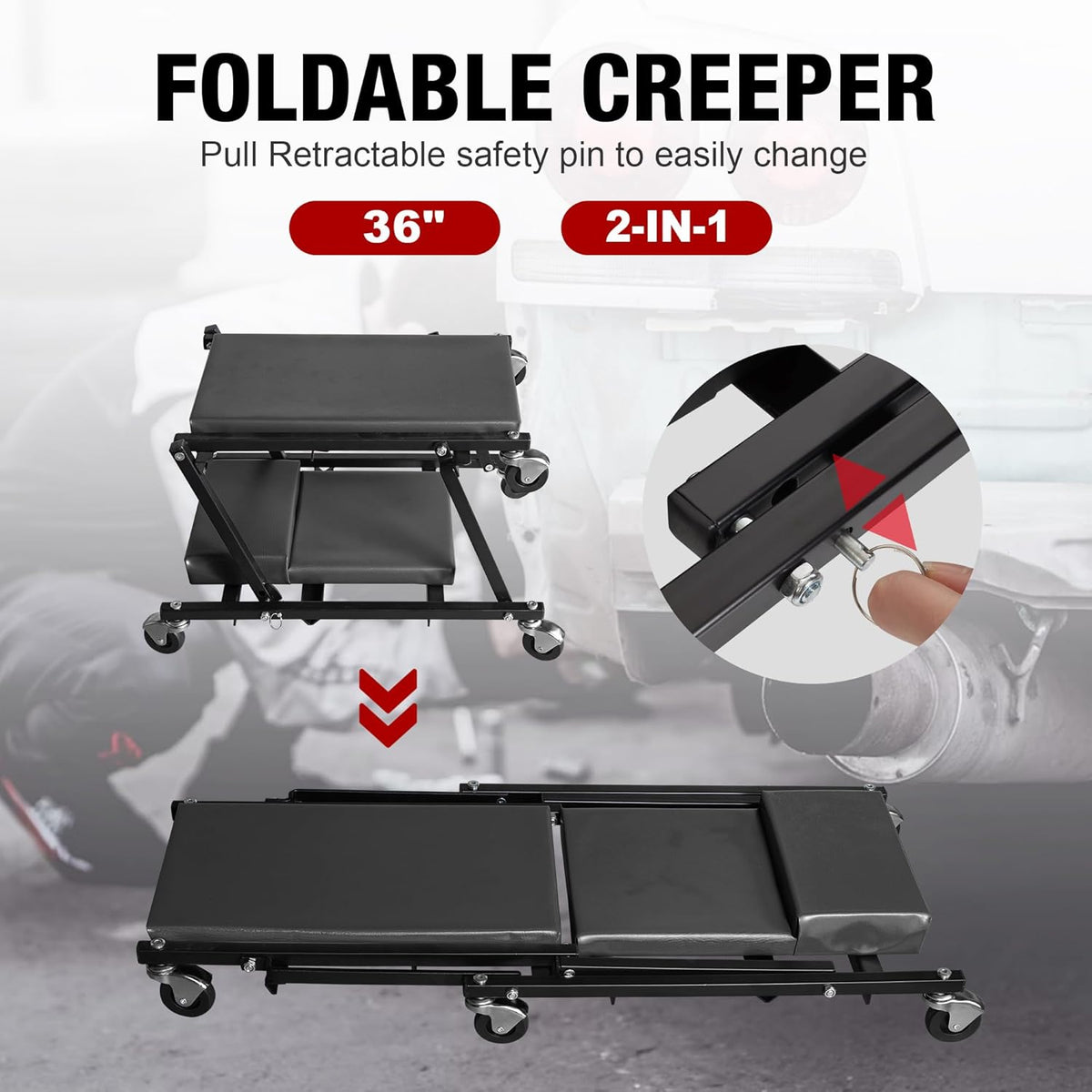 Torin 2-in-1 Foldable Garage Shop Creeper, 36" Black, 300 lbs Capacity, 6 Wheels, ATR6505B