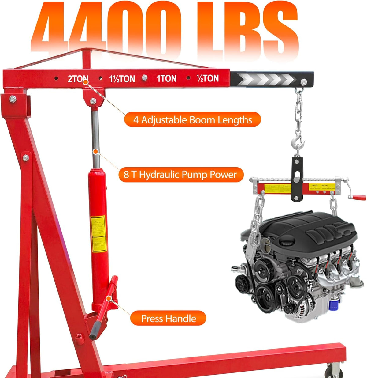 2 Ton Folding Hydraulic Engine Hoist with Leveler, 4000 LBS Heavy Duty Steel Shop Crane Lift with Adjustable Boom and 6 Caster Wheels, Portable Cherry Picker Motor Hoist for Garage, Workshop