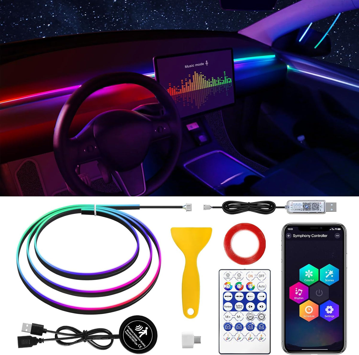 Dream+Color Acrylic Interior Car LED Strip Light with Motion Sensor Switch, 55.1 inches Neon LED Strip Light, RGB Colors Ambient Lighting Kits