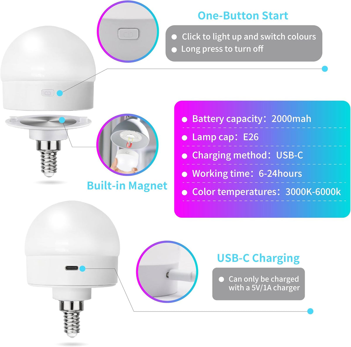 HISTAR Battery Operated Light Bulb for Sconce and Lamp with Remote, RGB, Timer, Dimmable, E12 Rechargeable Light Bulbs, 3 Color Temperature, 2Pack