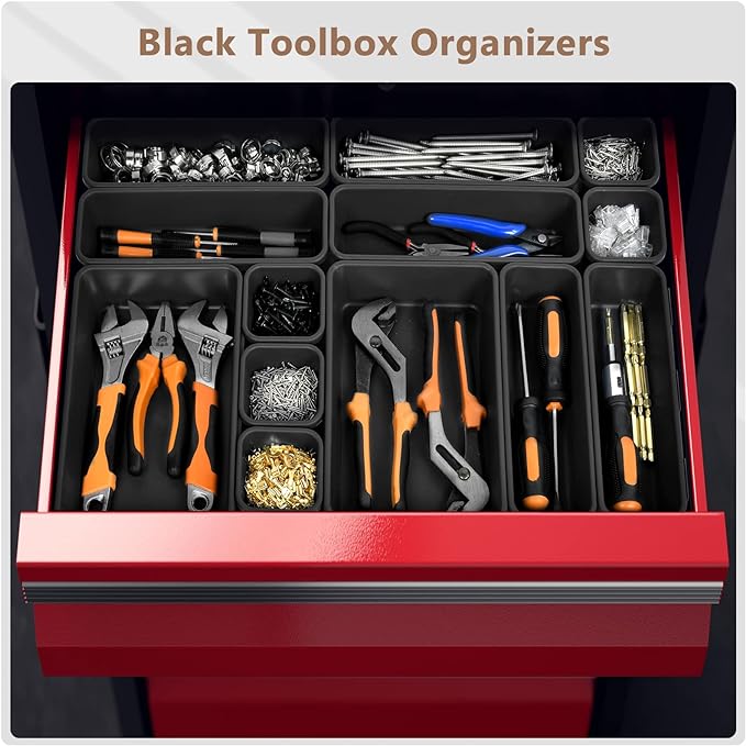 A-LuGei【 & 5 Size Tool Box Organizer Tray Divider Set, 【Black】 Bathroom Drawer Organizer Bin, Garage Organization and Storage Toolbox Rolling Tool Chest Cart Cabinet WorkBench Small Part