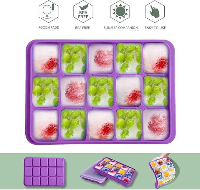 Tvmania Ice Cube Trays Set of 2, Easy Release 15 Flexible Silicone Ice Cube Molds with Removable Lid Reusable Freezer Ice Trays Stackable for Whiskey, Baby Food, BPA Free (purple)