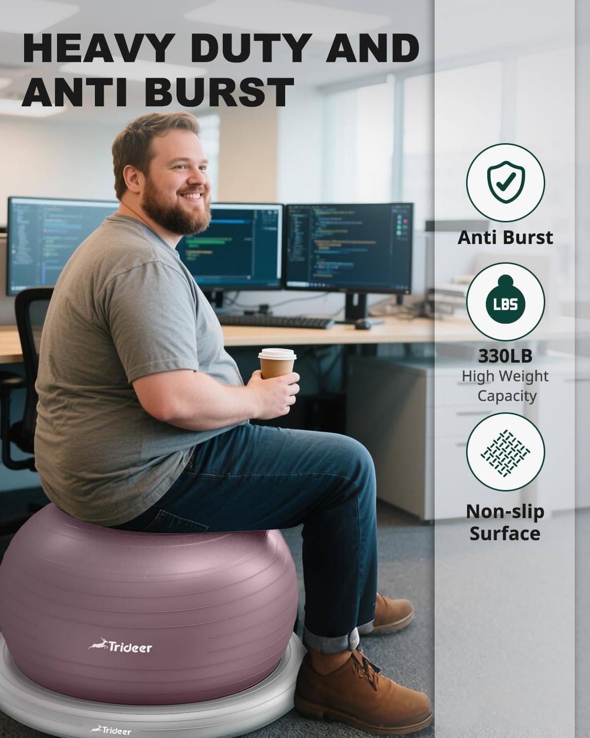 Trideer Exercise Yoga Ball Chair with Base for Home Office Desk, Stability & Fitness Ball Seat to Relieve Back Pain, Home Gym Workout for Abs, Pregnancy Ball with Pump