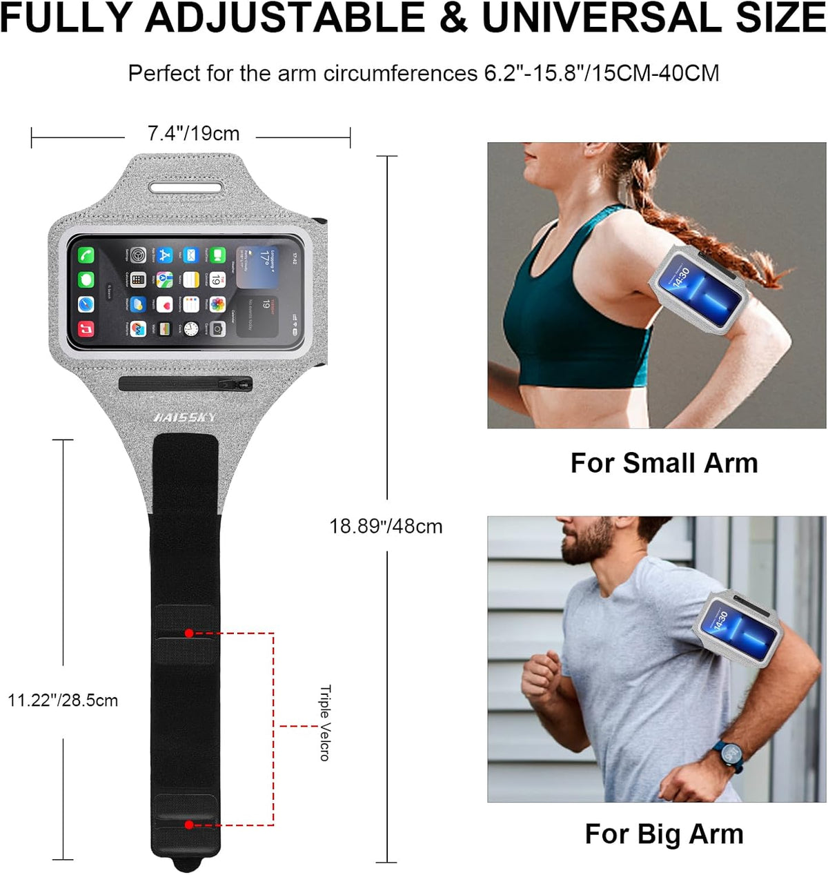 Cell Phone Running Armband with Earbuds Zipper Pocket Armband Case Running Holder For iPhone 16 Pro Max/15/14 Pro Max/13/12 /11 Pro Max/XS/XR ,Galaxy S20 S10,Sweatproof Arm Band with Card/Key Bag
