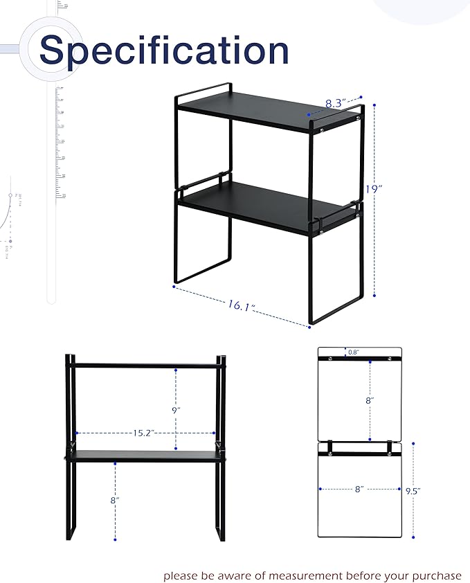 Nxconsu 2Pack Cabinet Shelves Stackable Organizer Rack Riser for Kitchen Cabinet Pantry Cupboard Counter Countertop Home Organization Storage Space Saver Heavy Duty Metal Nonslip Black Tall