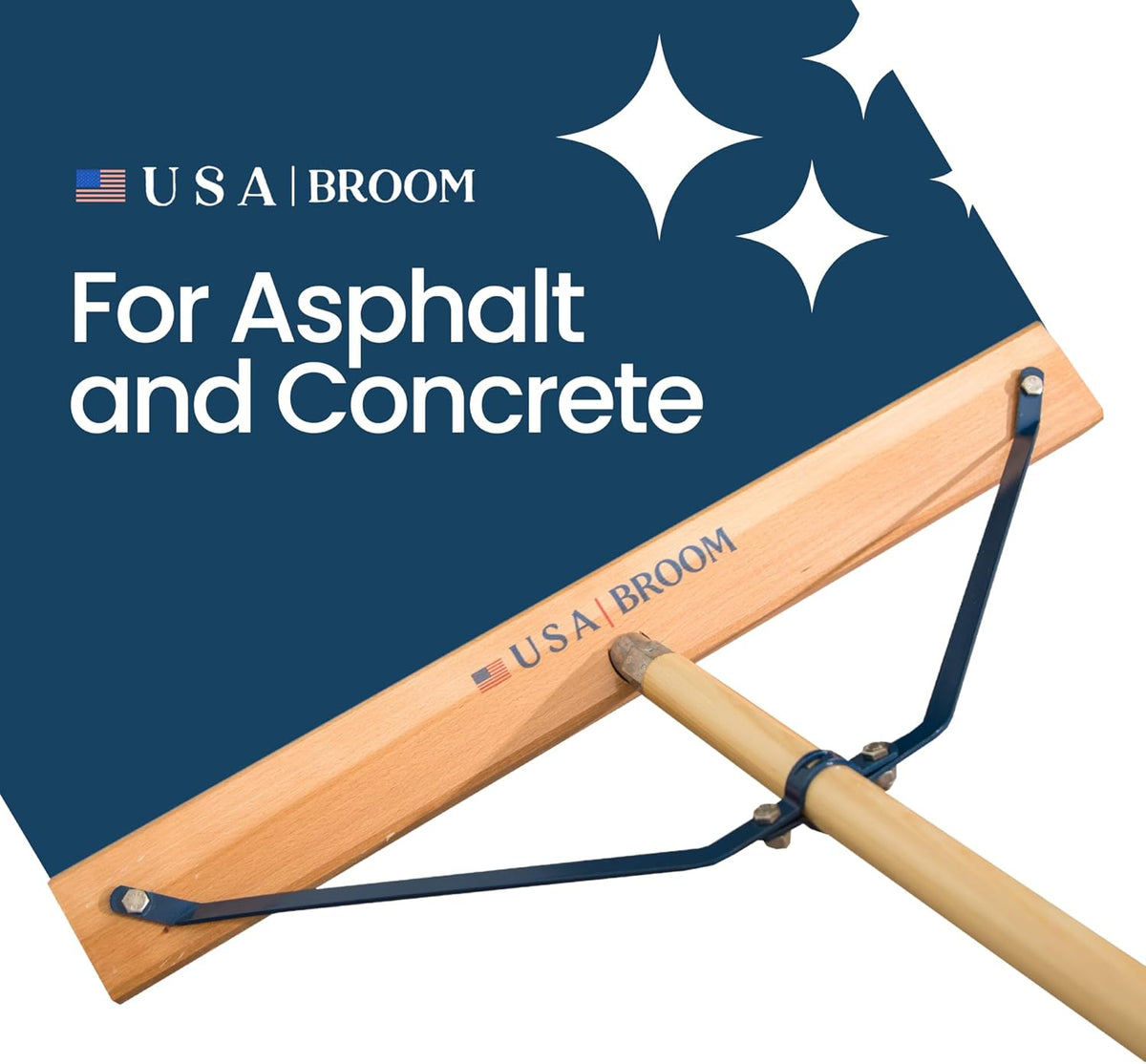 24" Heavy Duty Outdoor Push Broom with 60" Handle. Ideal for Ashpalt, Concrete & Heavy Debris. Durable American Made Steel Brackets-Stainless Steel Hardware. No Plastic. 100% Made in The USA.