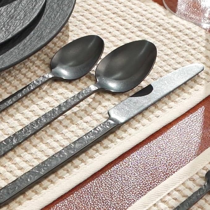 KINGSTONE 20 Pcs Black Hammered Silverware Set for 4, 18/10 Stainless Steel Heavy Duty Flatware Set, Tableware Cutlery Utensil Sets for Home Restaurant Dishwasher Safe
