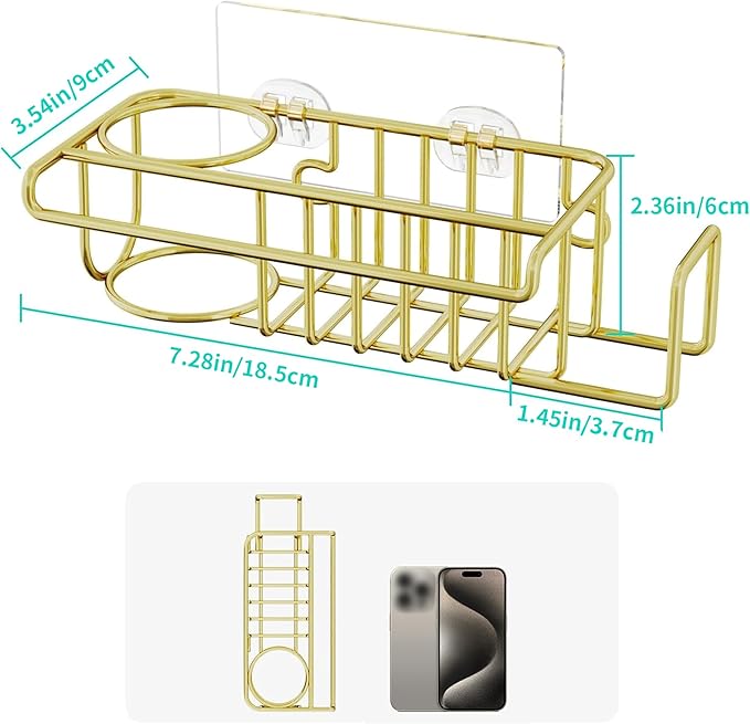 HapiRm Sponge Holder for Kitchen Sink, No Drill Kitchen Sink Caddy Organizer, Rustproof Dish Sponge Holder- Gold(8.73 * 3.54 * 2.36in)