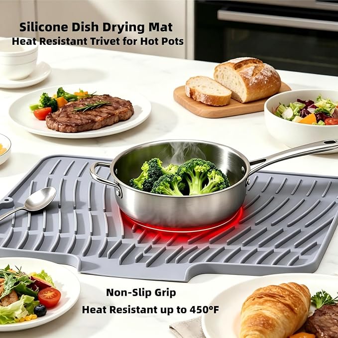 Silicone Dish Drying Mat for Kitchen Counter Sink,16"x13" Gray Rubber Dish Drying Mat with Drain Lip & Lanyard,Non-Slip dish drying Pad,silicone drying mat easy clean dish drain mat