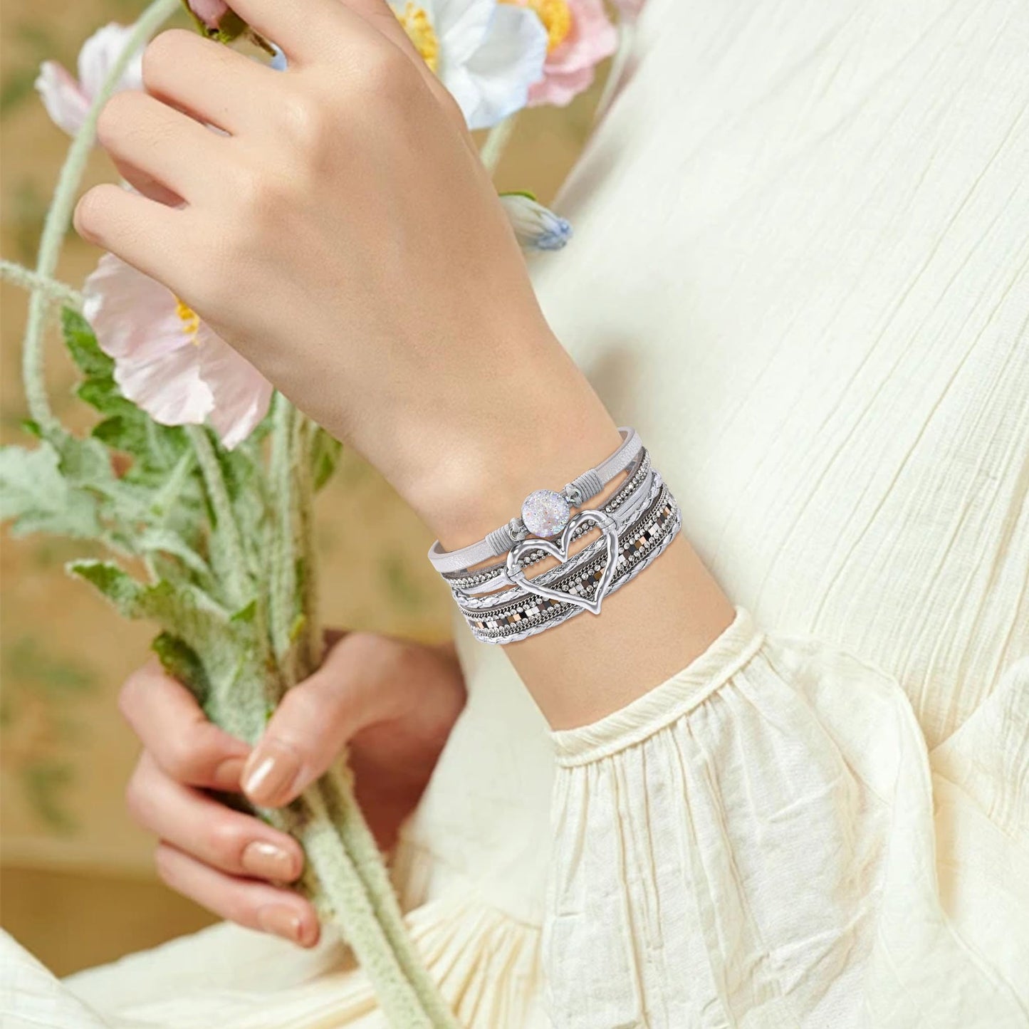 VIBILIA Boho Leather Wrap Bracelets for Women Heart Multi-Layer Bracelets with Strong Clasp Jewelry for Women-Silver