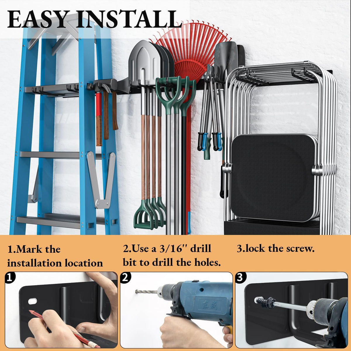 Folding Chair Storage Rack Wall Mount, Garden Tool Hanger for Garage Organization, Patio, Beach & Camping Chairs Organizer Hooks, Holds 480 lbs - 4 Pack