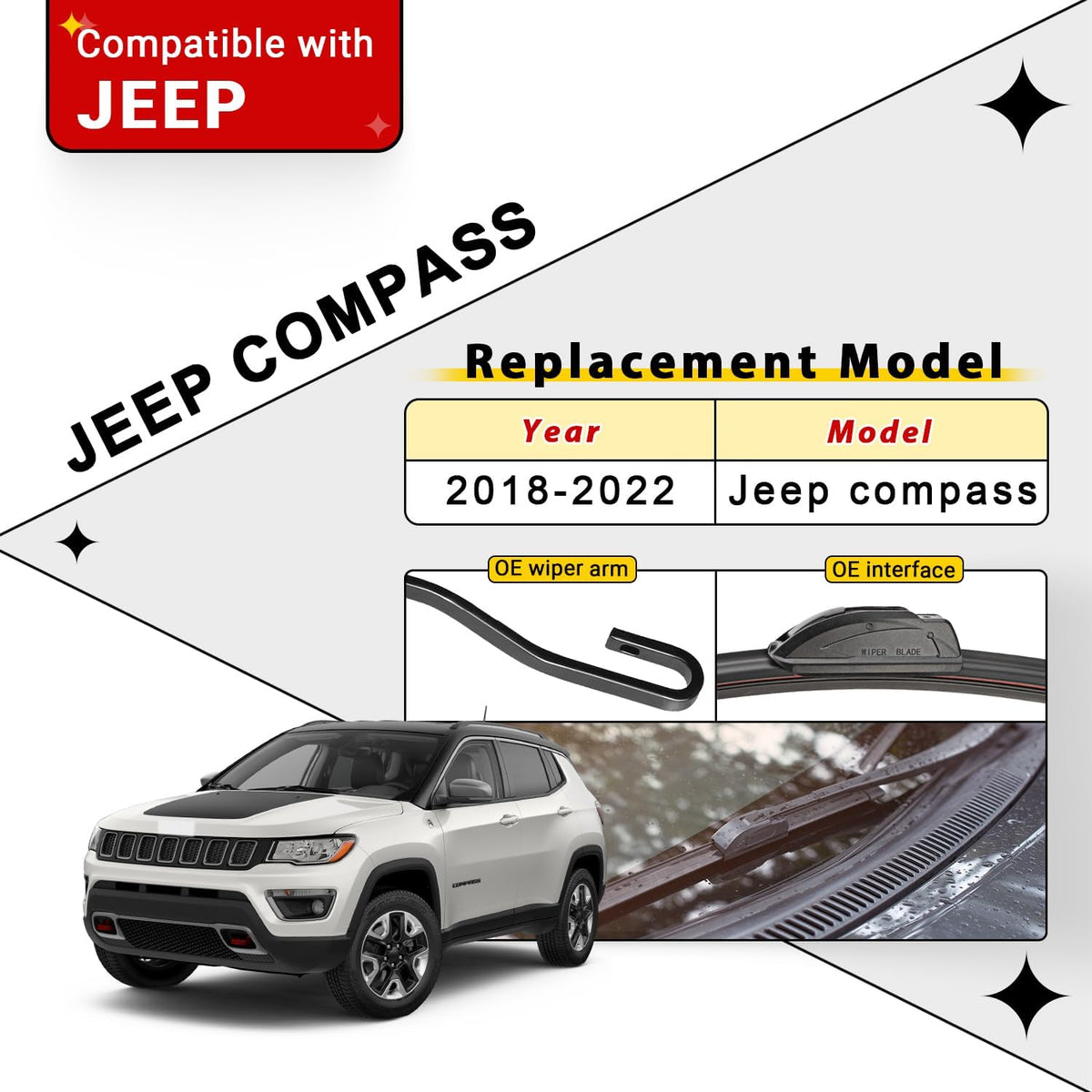 Windshield Wiper Blade Set Replacement for 2018-2022 Jeep Compass Original Equipment Replacement Front Wiper Blades-24"/18"/10" (Set of 3) U/J Hook