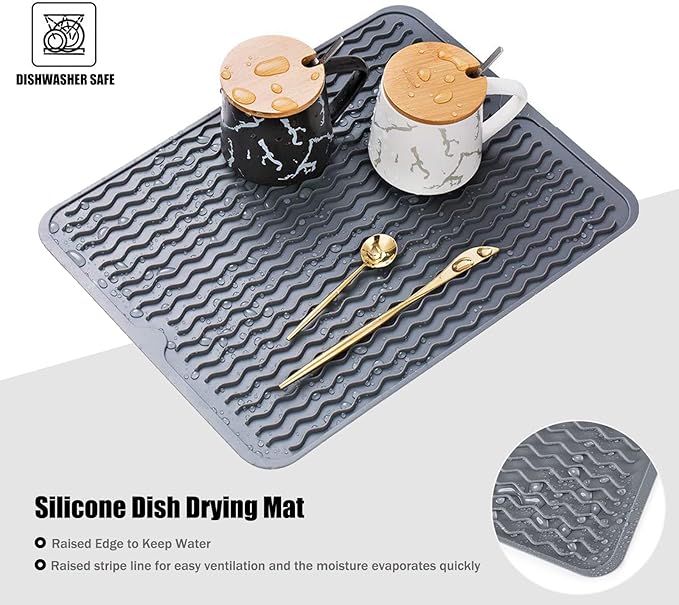Silicone Dish Drying Mat for Multiple Usage, Easy clean, Eco-friendly, Heat-resistant Dish Drainer Mat for Kitchen Counter,Sink,Refrigerator or Drawer liner (18" x 16", BEIGE)
