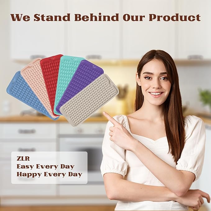ZLR Silicone Sponge Holder & Sink Caddy Tray (6" x 17") - Narrow Dish Drying Mat for Kitchen Counter - Waterproof Soap Dispenser Organizer, Non-Slip Bathroom Vanity Tray (Dark Gray)