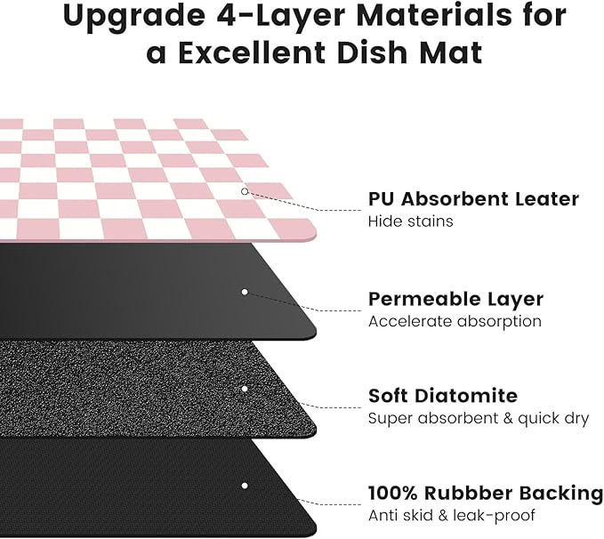 12" x 20" Checkered Dish Drying Mat for Kitchen Counter, Absorbent Coffee Bar Mat for Espresso Machine Coffee Countertops Accessories, Pink