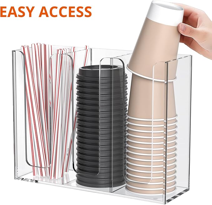 Richboom Acrylic Coffee Cup and Lid Storage Organizer Holder, 3 Compartments, Clear