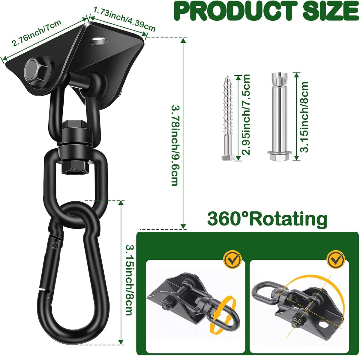 Hammock Hanging Kit 2 Pack, Porch Swing Hanging Kit 1200 Lb Capacity, Hammock Ceiling Hooks Heavy Duty 360°Rotating Hanging Swing Chair Hardware for Hammock Chair Stand, Porch, Yoga, Gym