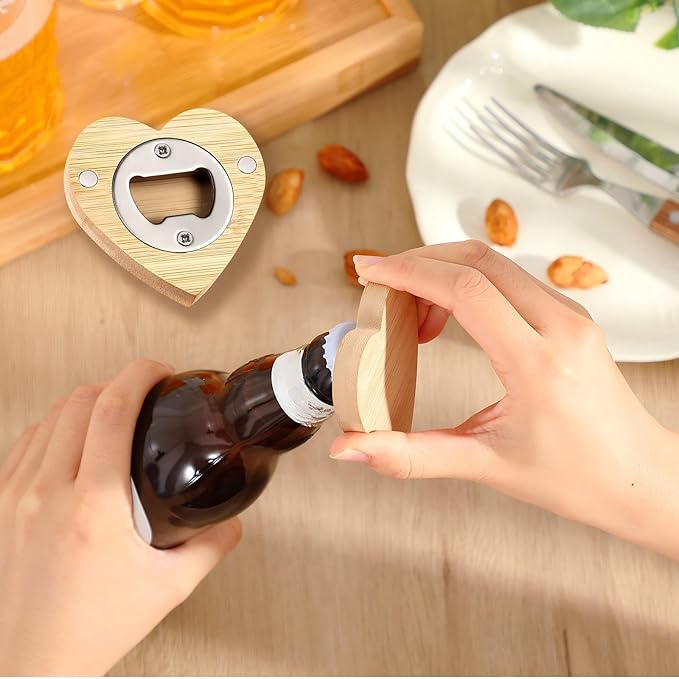 Vesici 50 Pcs Magnetic Bottle Opener 2.5in DIY Bamboo Heart Shape Beer Openers Wooden Fridge Magnet Refrigerator Sticker Gift for Beer Lover Wedding Guest Kitchens Bars Parties