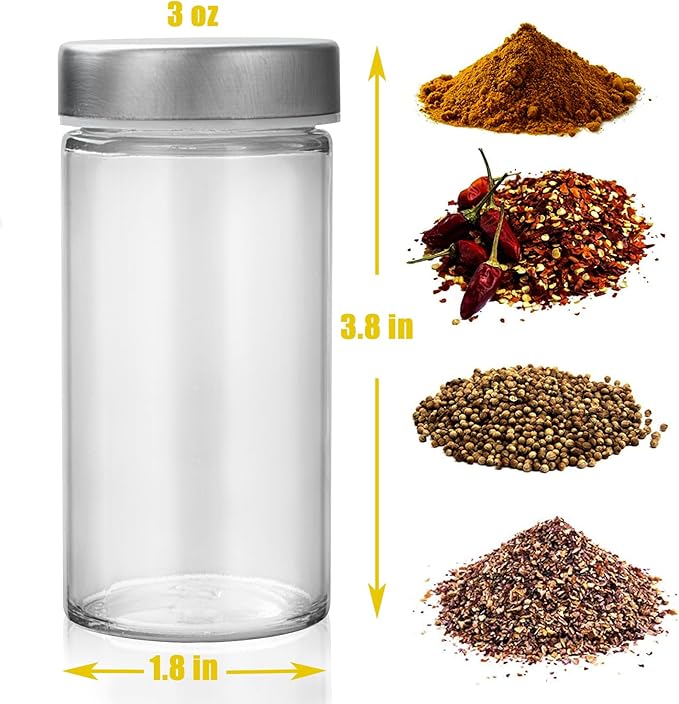 Tianifa 6 Pcs Glass Spice Jars/Bottles for Rotating Spice Rack-3oz Empty round Spice Containers with Airtight Metal Caps with Shaker Lids (6, Stainless Steel Lids)