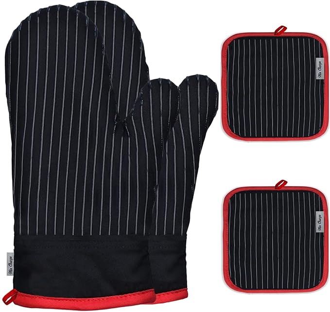 Oven Mitts and Pot Holders Sets,Oven Mitts and Potholders with Cotton High Heat Resistant Extra Thick Long Oven Mitts for Cooking 4 Pcs,Black Red