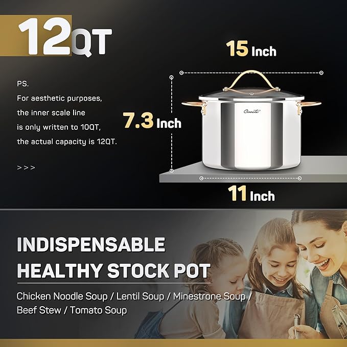 Ciwete Stock Pot 12 Quart, 18/10 Tri-Ply Stainless Steel Whole Clad Stock Pot with Lid, Seamless 12 QT Cooking Pot with Copper Handle, Healthy Stockpots, Induction, Gas, Oven and Dishwasher Safe