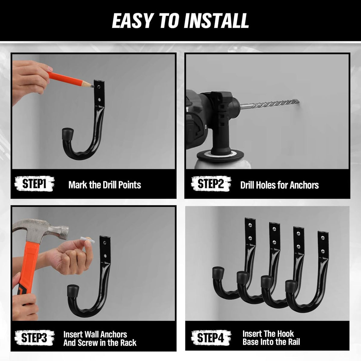 Heavy Duty Garage Storage Hooks, 12-piece Bike Hooks for Garage Wall, Utility Garage Hooks, Wall Mount J Hook for Hanging, Large Metal Storage Organizer Tool, Extension Cord Hanger