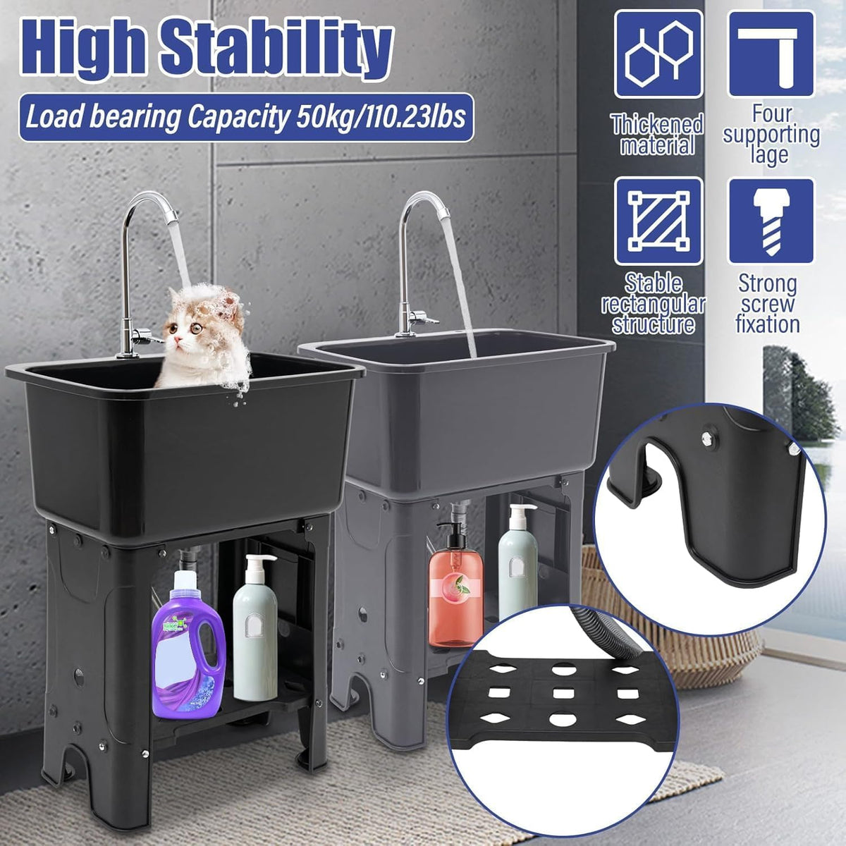 Free Standing Utility Sink with Washboard Laundry Tub Sink for Outdoor,Garage,Basement,Garden wuth Faucet,Drain,Storage Shelf (Black, 23.6 * 15.8 * 30.1in)