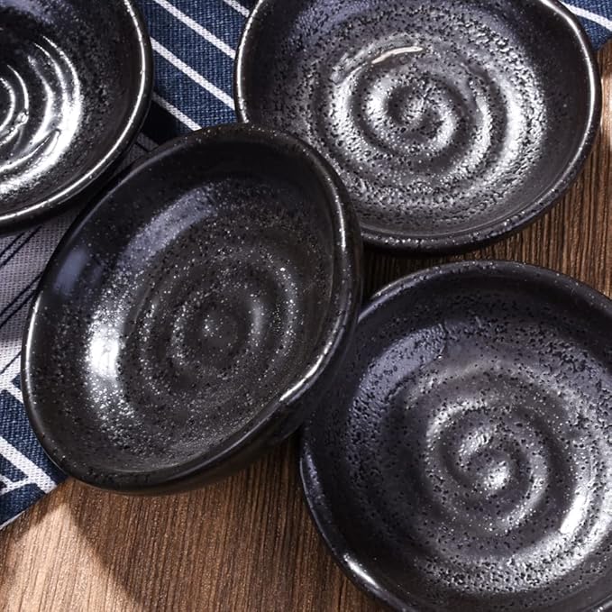 3.1 Inch Porcelain Side Dish Bowl Seasoning Dishes Soy Sauce Dishes Dipping Sauce Bowls-Set of 5,Soy Sauce Dish with Mouth (Black)