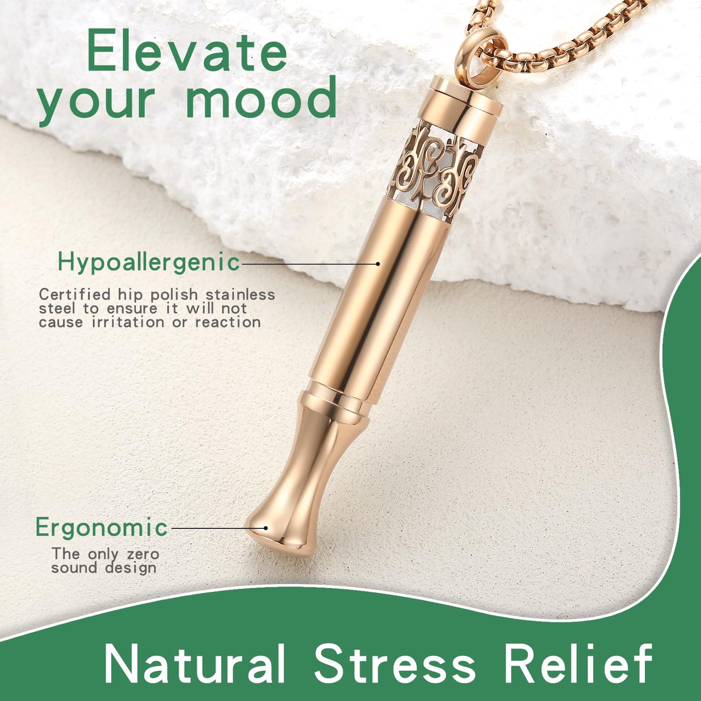 Anxiety Relief Pendant Mindfulness Breathing Necklace - Essential Oil Diffuser & Personal Inhaler Aromatherapy Necklaces for Women & Men (Rose Gold)