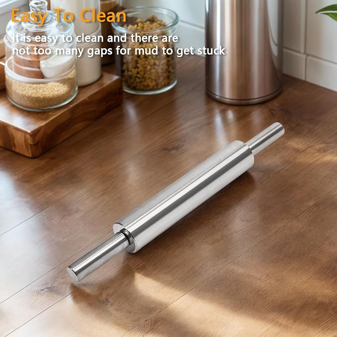 17-Inch Stainless Steel Rolling Pin for Baking - Heavy Duty Metal Dough Roller with Non-Slip Handles for Pizza, Chapati, Cookies & Pastry - Dishwasher Safe