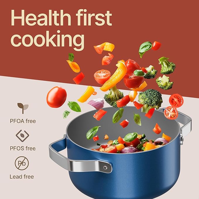 Bakken 3 Quart Ceramic Coated Stock Pot with Lid, Easy to Clean Nonstick Pot, Tempered Glass Lid, Riveted Stainless Steel Handles, Oven Safe Up To 500°F, PTFE & PFAS Free, All Stove Compatible, Blue
