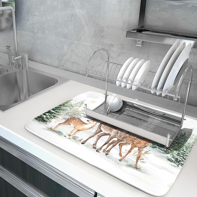 Winter Deer Dish Drying Mat for Kitchen Counter Xmas Trees Snowflake Festival Microfiber Absorbent Dish Draining Reusable Washable Foldable Extra Large 18"x24"