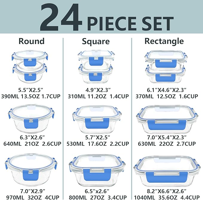 12 Pack Glass Food Storage Container Set with Lids Airtight, Stackable Meal Prep & Leftover Containers, Lunch Box for Microwave, Oven, Freezer and Dishwasher (Blue)