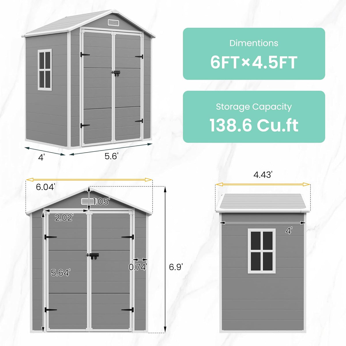 UDPATIO Outdoor Resin Storage Shed 6x4.5 FT, Plastic Garden Shed for Bike, Garbage Can, Tool, Outside Sheds with Lockable Door for Backyard, Patio, Lawn, Grey & White
