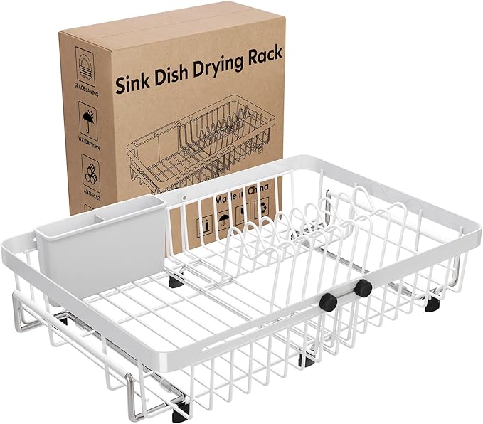MAJALiS Dish Drying Rack Over The Sink, Expandable Stainless Steel Dish Drainer for Small Kitchen Counter Space Saving, RV Compact Plate Strainer in White Metal with Hanging Adjustable Utensil Holder