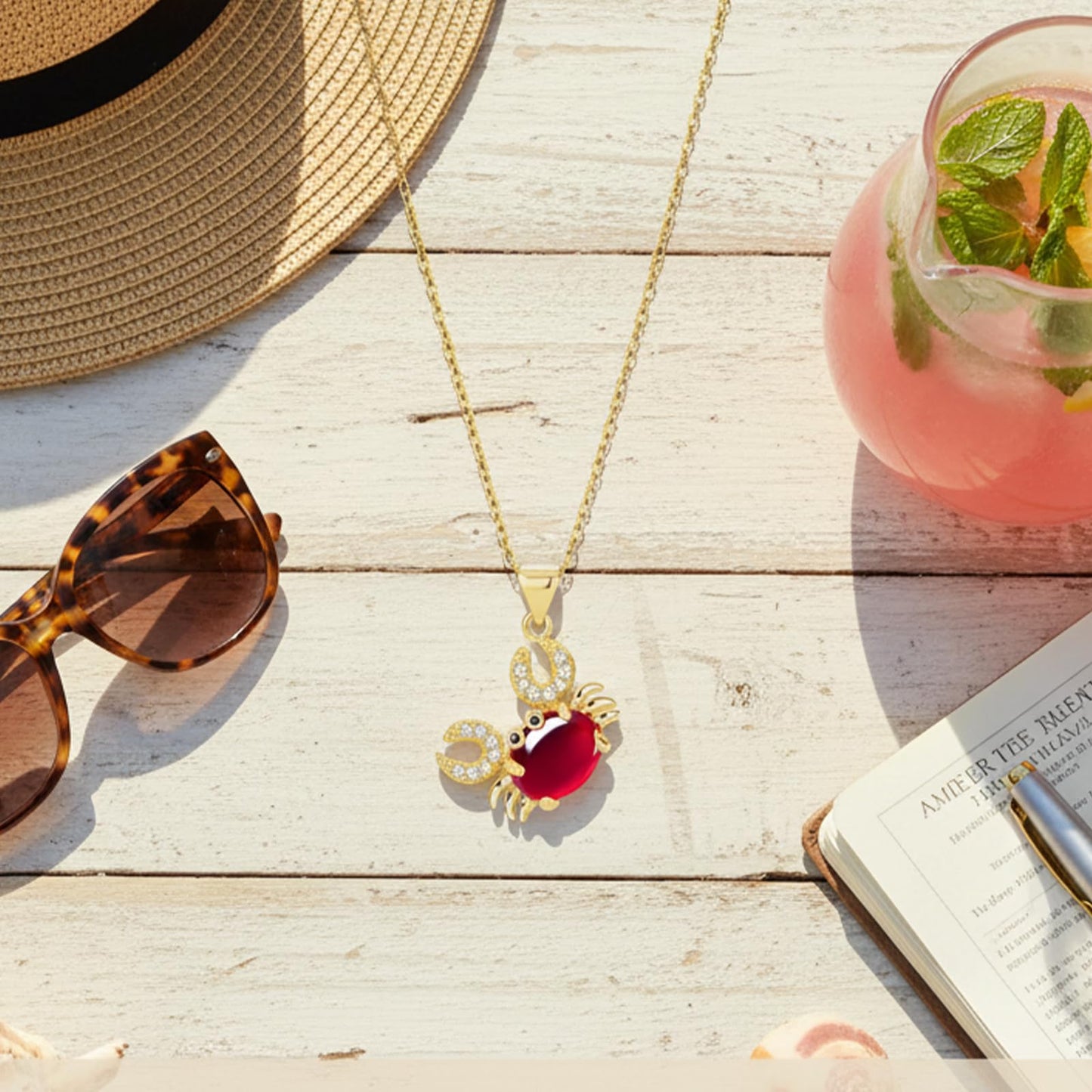 AUMRET Cute Crab Ruby July Birthstone Beachy Necklace - Gold Plated Stainless Steel - Women's Gift for Birthday, Valentine's Day, Mother's Day, Christmas