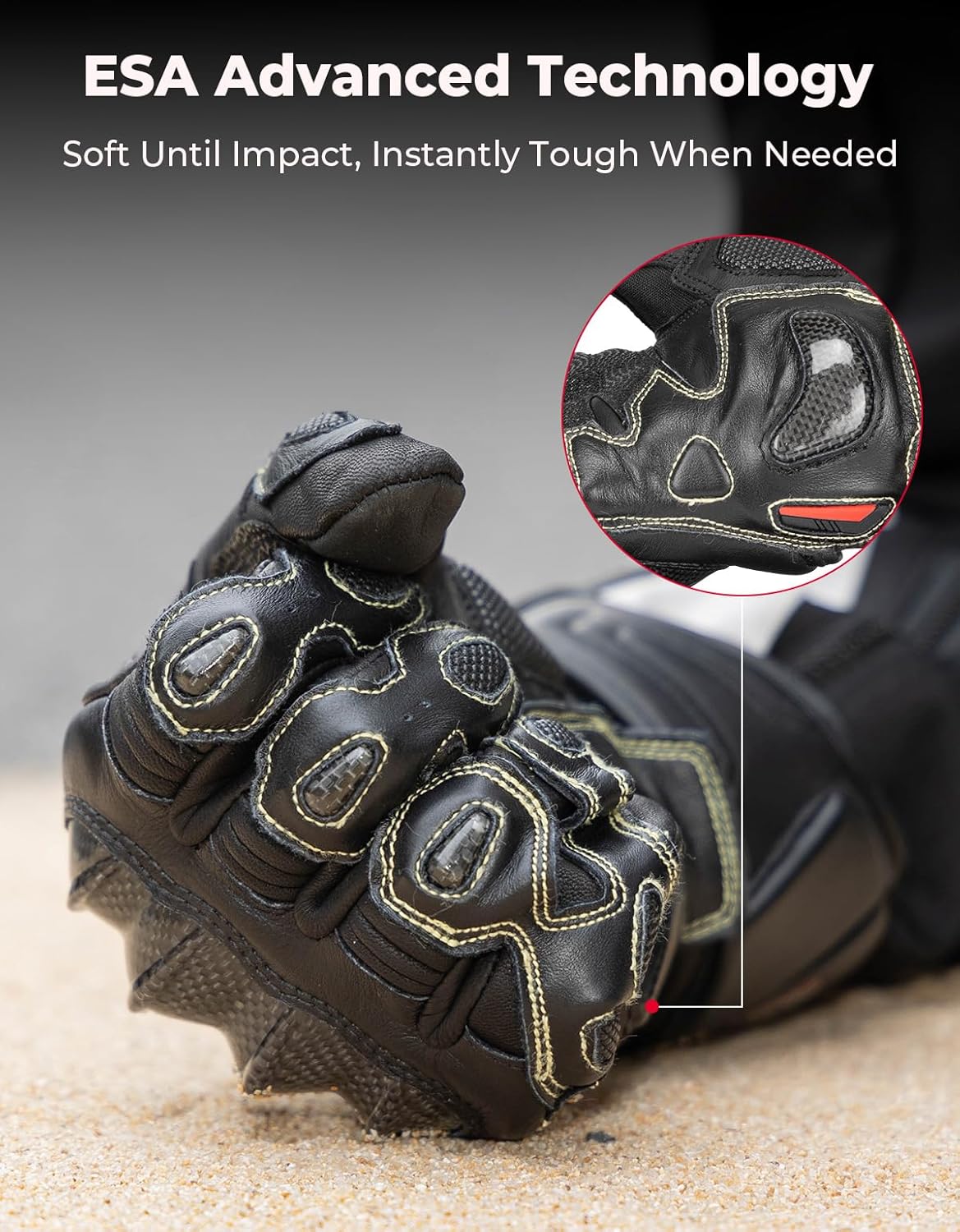KEMIMOTO Leather Motorcycle Gloves for Men and Women, Riding Racing Gloves with ESA Cushioning Kevlar Carbon Fiber Knuckle Protection for Dirt Bike Motorbike Outdoor Sports