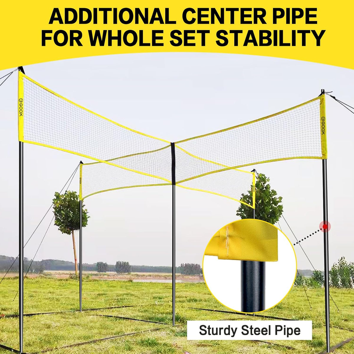 GOOX 4 Square Volleyball Net Game Set, 14 FT 4-Way Volleyball Net for Backyard Beach Lawn, Portable Four Square Volleyball Net for Adults & Youths with Vollyball, Pump, Carry Bag