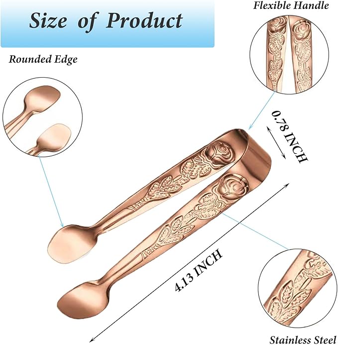 Mini Serving Tongs, 6PCS Small Rose Sugar Cube Tong, Small serving tongs Stainless Steel Ice Tong, 4Inch Rose Gold tongs for Kitchen, Appetizers, Coffee Bar, Salad, Desserts and Charcuterie Board