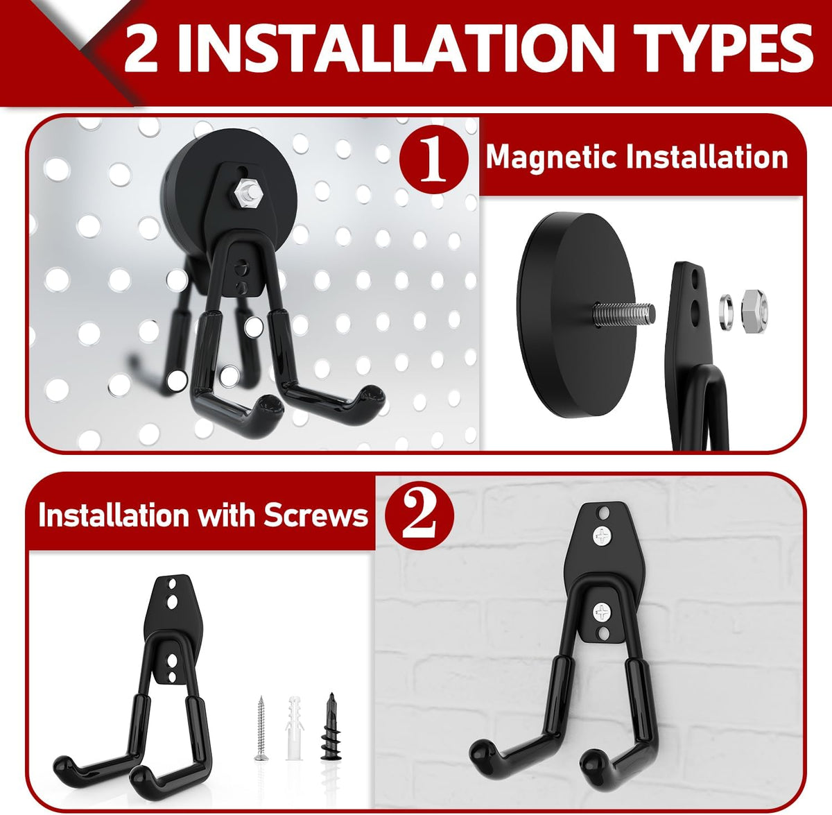 3-H Heavy Duty Magnet Garage Hooks 2 Pack, Large Strong Magnetic Hooks for Hanging Cordless Power Drill, Utility Magnetic Tool Holder for Metal Cabinet, Steel Pegboard, Toolbox, Garage(Black)