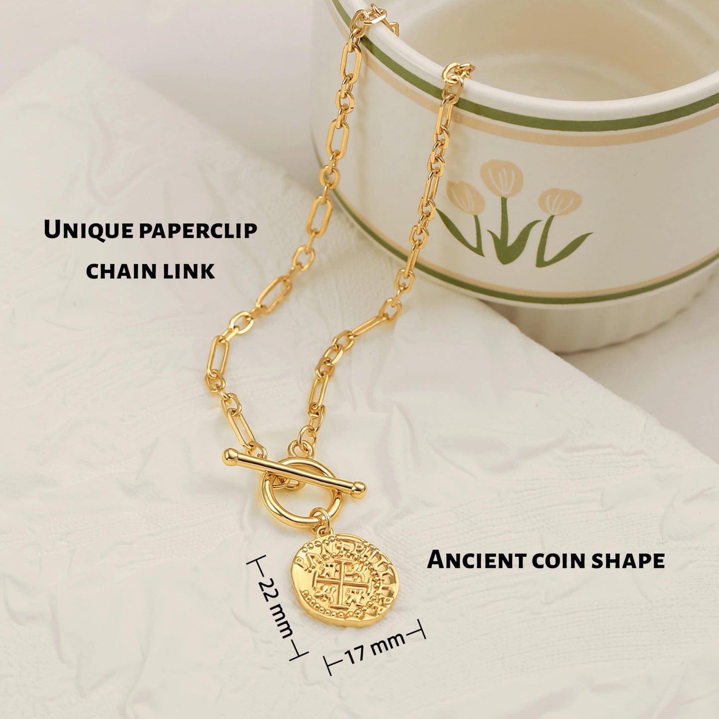 PEARLADA Vintage Cross Pendant Coin Necklace, 18k Gold Plated Paperclip Necklace with Toggle, Dainty Christian Jewelry