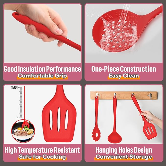 Silicone Kitchen Utensils Set, E-far 23 Pcs Red Cooking Utensils Tools with Holder for Nonstick Cookware, Include Spatula/Spoon/Ladle/Tongs/Turner, Heat Resistant & Nontoxic, Dishwasher Safe